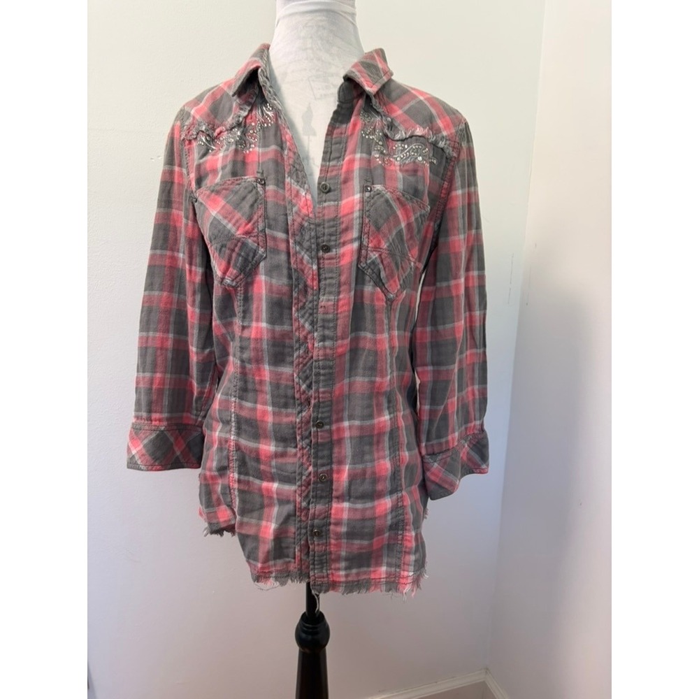 Miss Me Womens Pink Grey Plaid Fleur-De-Lis Rhinestone Flannel Shirt JMT157 M
